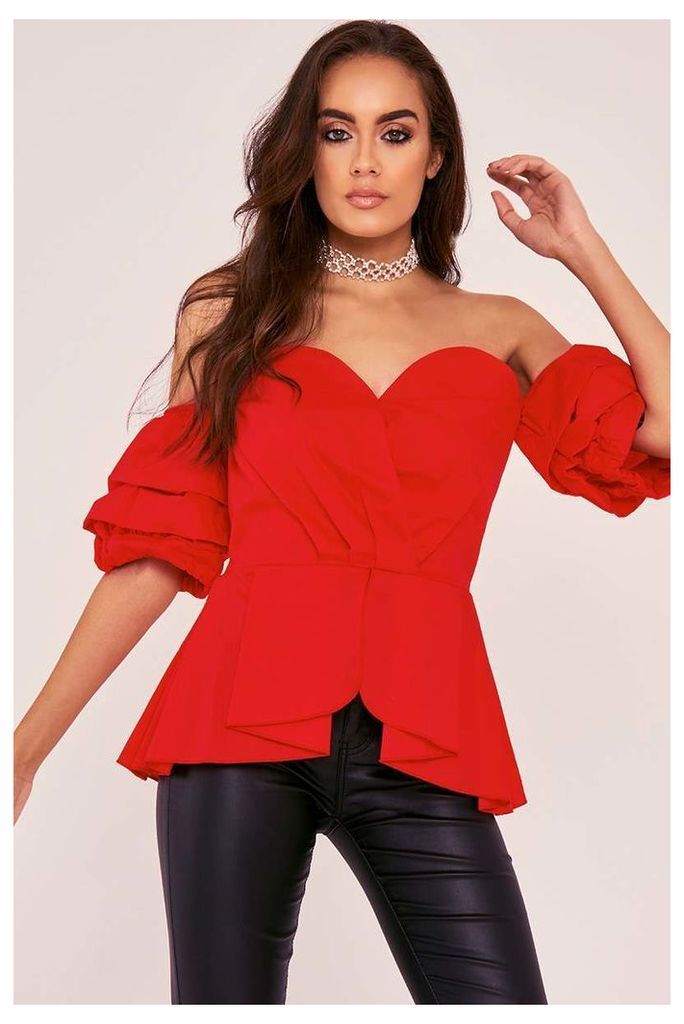 Red Tops - Violette Red Bardot Ruffle Sleeve Top