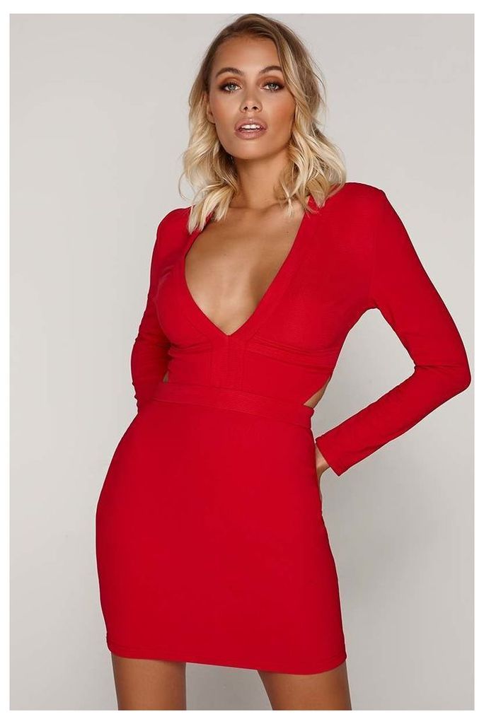 Red Dresses - Tammy Hembrow Red Ribbed Plunge Cut Out Mini Dress