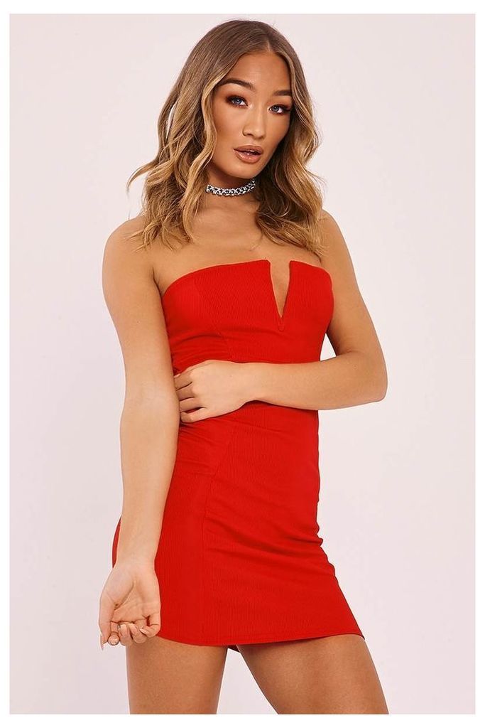 Red Dresses - Gailyn Red Ribbed Plunge Bandeau Mini Dress