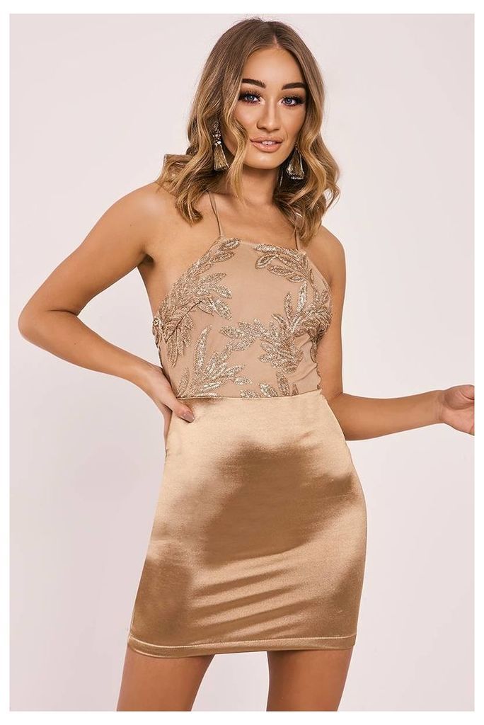 Gold Dresses - Flanna Gold Sequin Leaf Backless Bodycon Dress