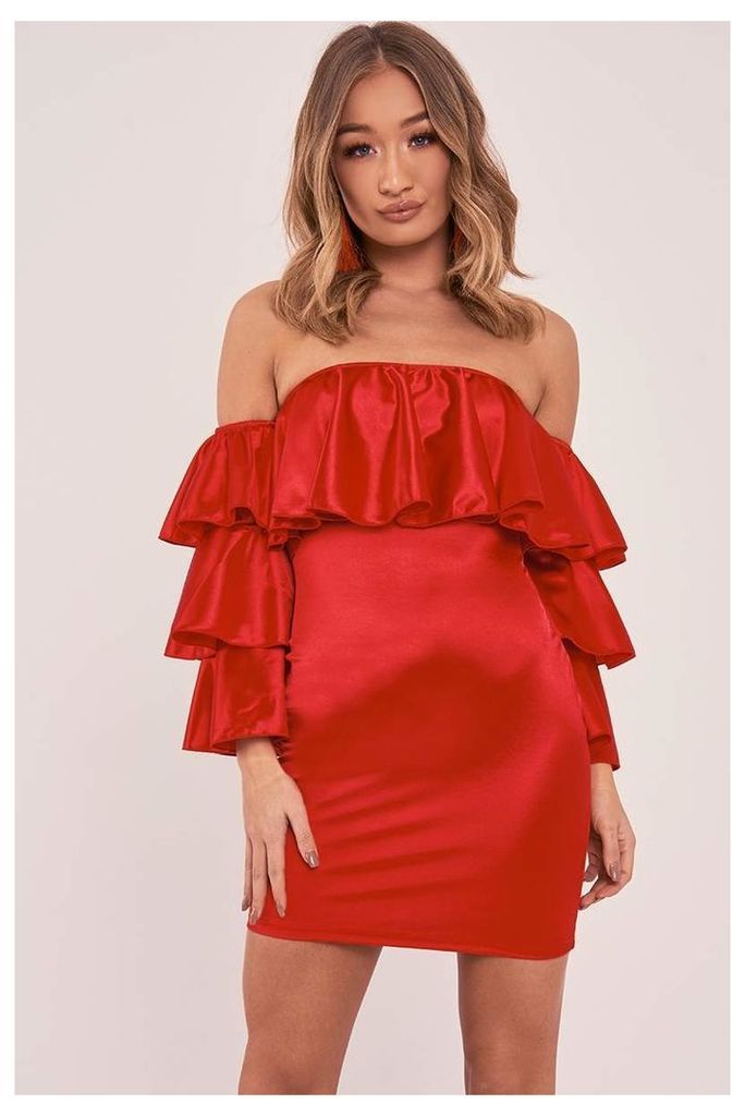 Red Dresses - Cylia Red Satin Ruffle Sleeve Bardot Dress