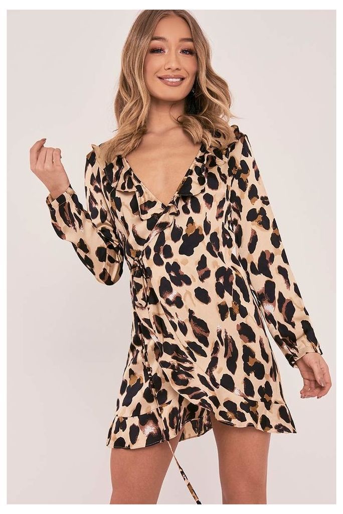 Dresses - Emme Gold Satin Leopard Print Frill Wrap Dress