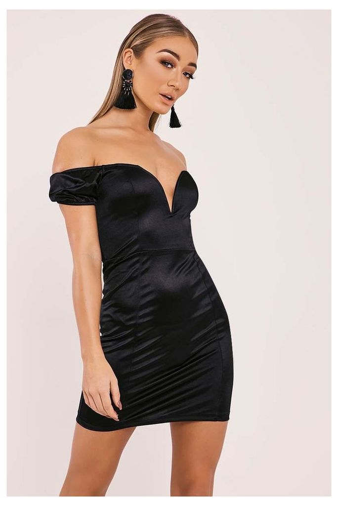 Black Dresses - Evian Black Satin Bardot Plunge Mini Dress