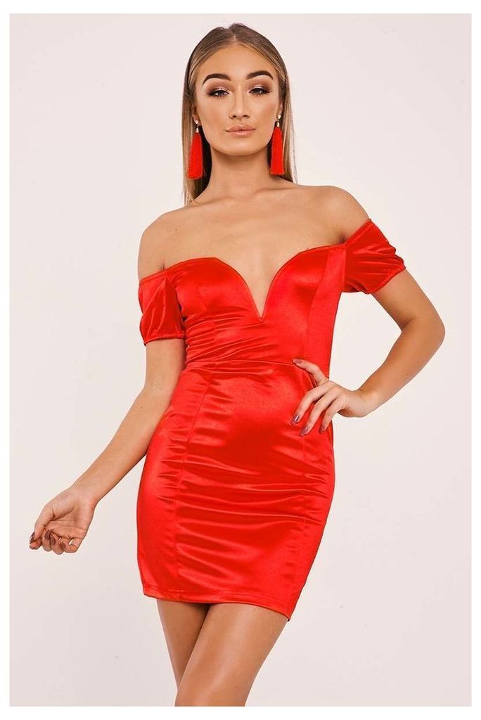 Red Dresses - Evian Red Satin Bardot Plunge Mini Dress