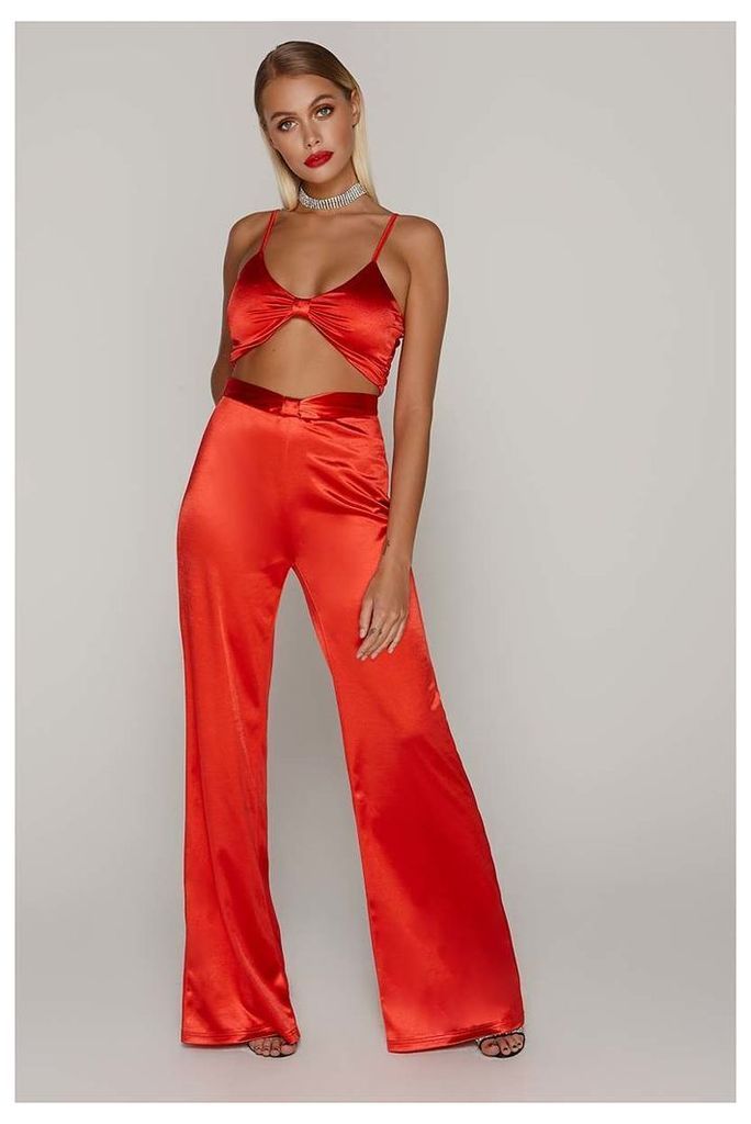 Red Trousers - Tammy Hembrow Red Satin Knot Front Wide Leg Trousers