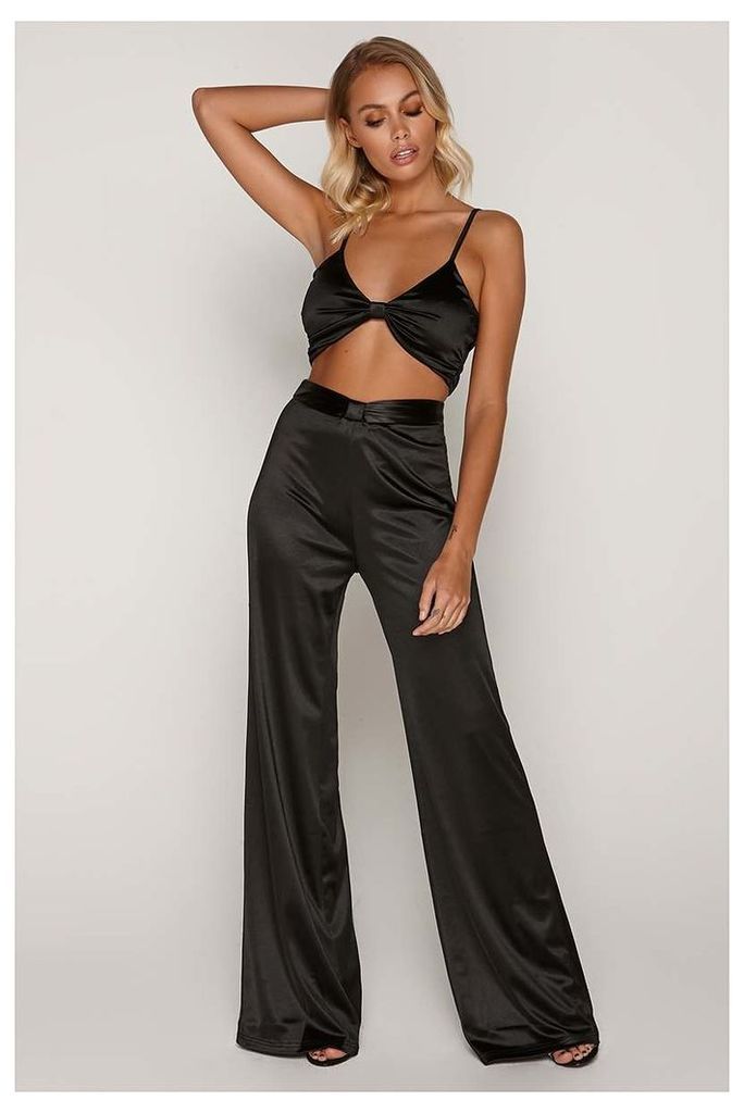 Black Trousers - Tammy Hembrow Black Satin Knot Front Wide Leg Trousers