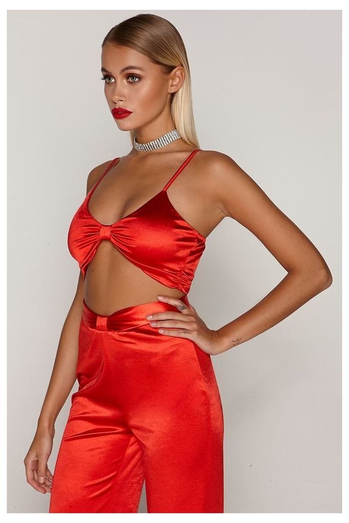 Red Tops - Tammy Hembrow Red Satin Knot Front Crop Top