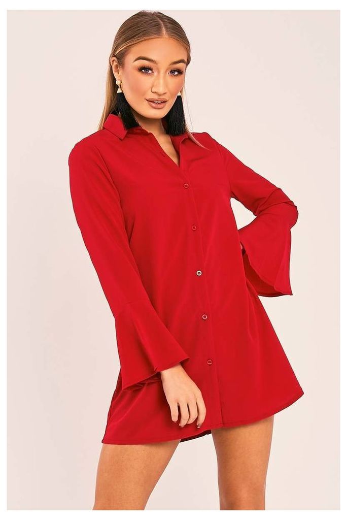 Red Dresses - Charlize Red Flared Sleeve Silky Shirt Dress