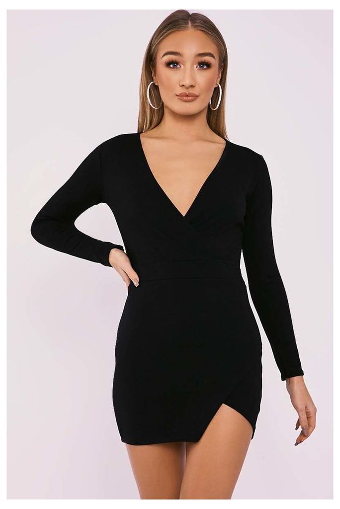 Black Dresses - Flynn Black Long Sleeve Plunge Wrap Dress