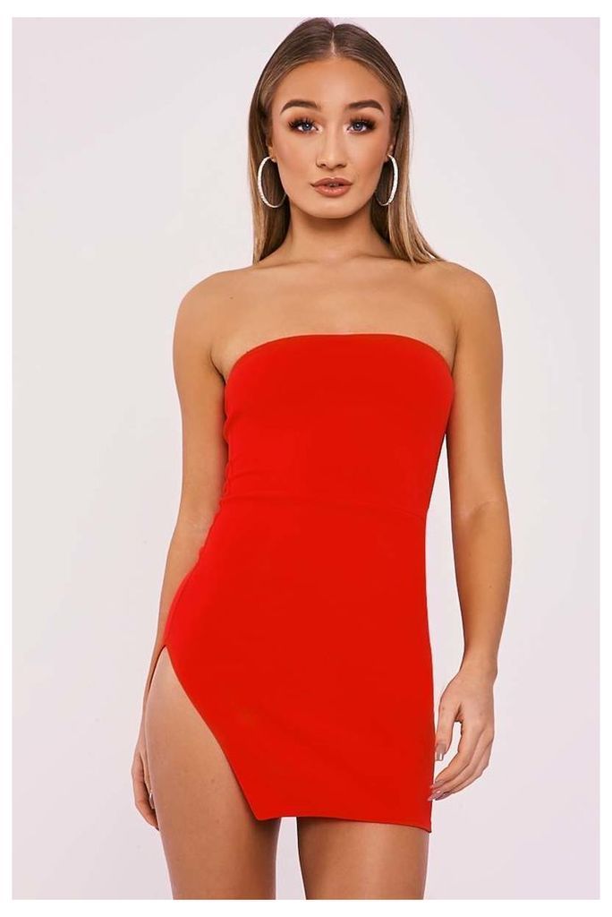 Red Dresses - Delora Red Cut Out Split Leg Bandeau Dress
