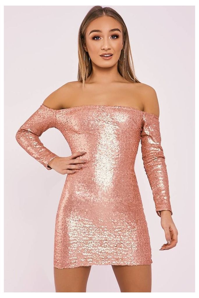 Rose/gold Dresses - Esne Rose Gold Sequin Bardot Mini Dress