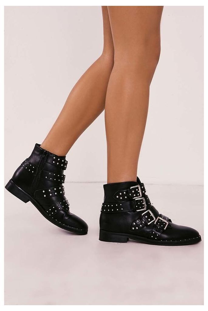 Black Boots - Rae Black Studded Buckle Strap Ankle Boots