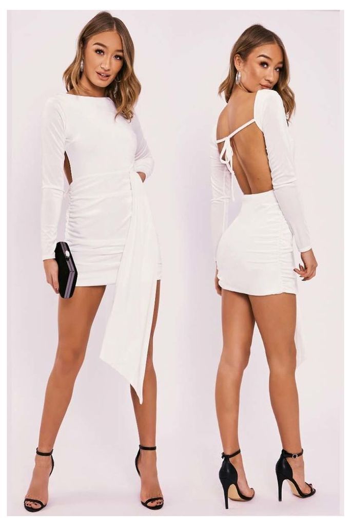 Cream Dresses - Franka Ivory Velvet Drape Front Backless Mini Dress
