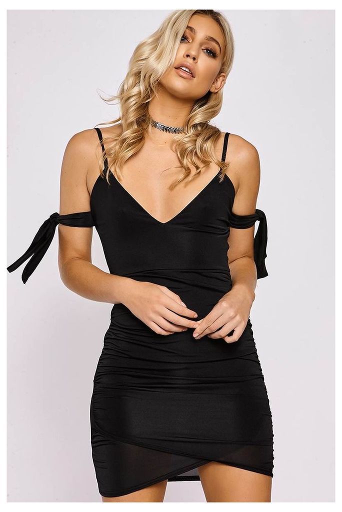 Black Dresses - Lacina Black Slinky Tie Arm Ruched Wrap Front Dress
