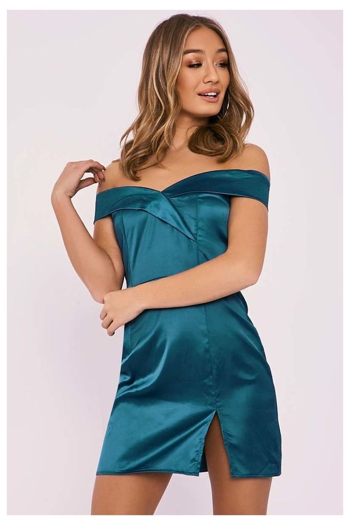 Turquoise Dresses - Cammi Teal Bardot Split Leg Satin Mini Dress