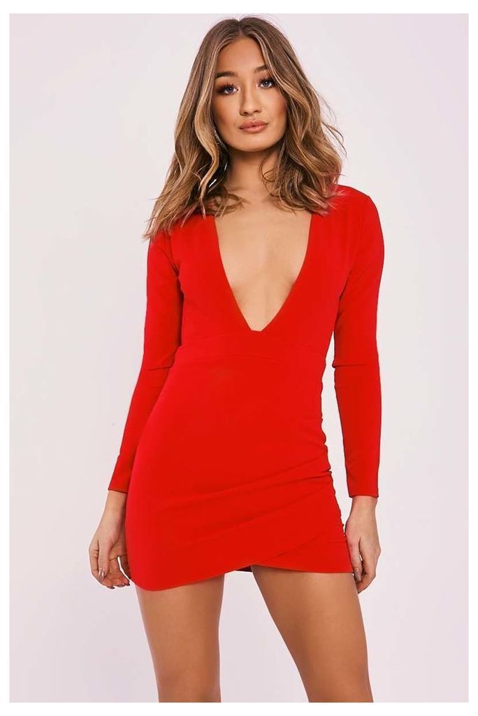 Red Dresses - Betsey Red Plunge Backless Long Sleeve Dress