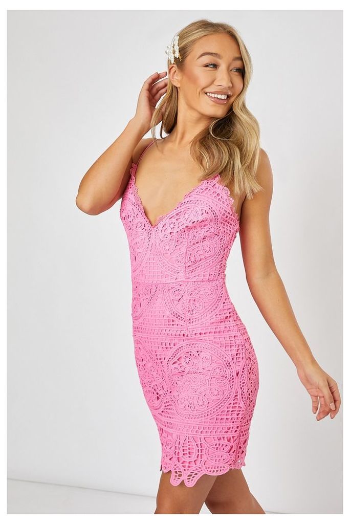 Pink Dresses - Donatta Pink Crochet Lace Cami Dress