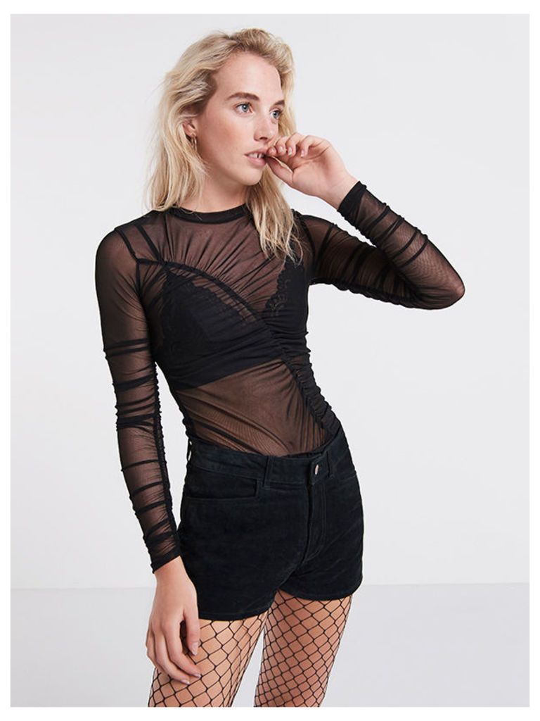 Black Ruched Long Sleeve Mesh Top