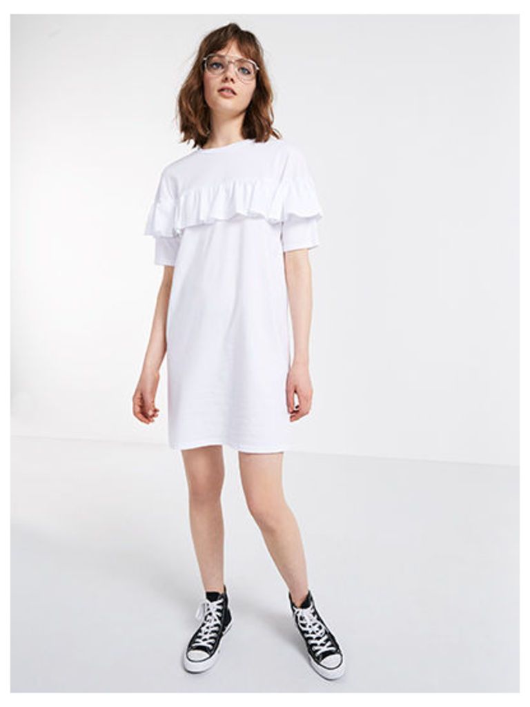 White Ruffle Front T-shirt Dress