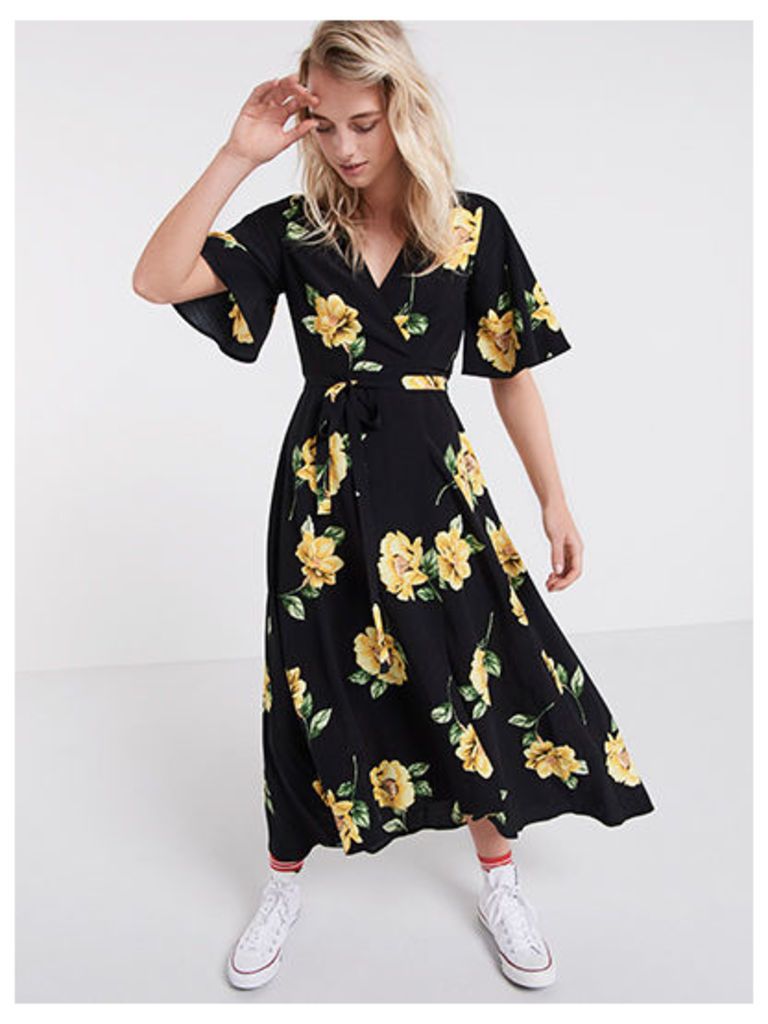 Black & Yellow Lou Lou Floral Wrap Midi Dress