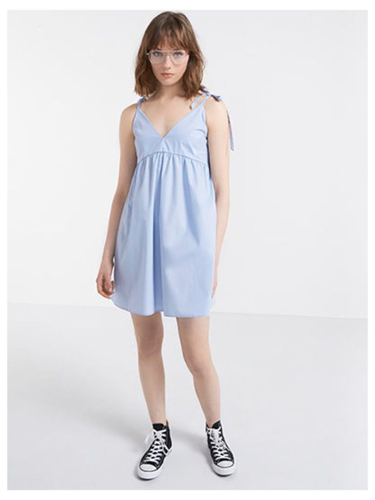 Blue Cotton Poplin Tie Shoulder A-Line Dress