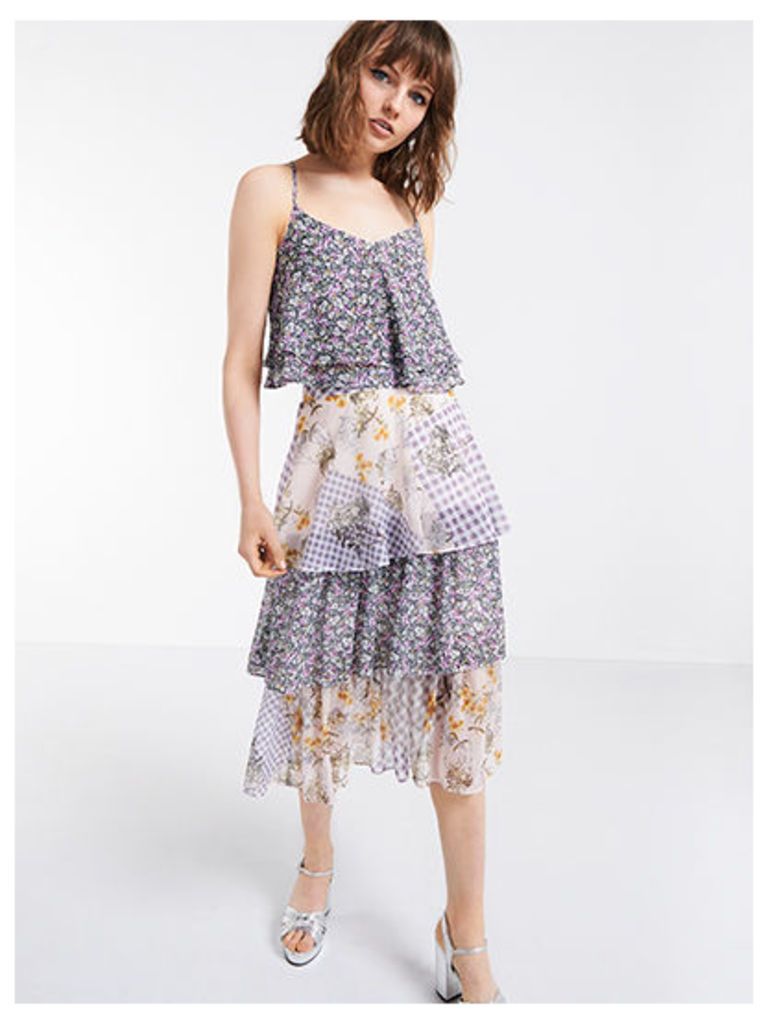 Lilac Mixed Print Tiered Ruffle Midi Skirt