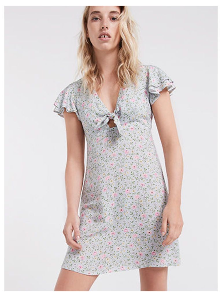 Blue Ditsy Floral Print Tie Front Dress