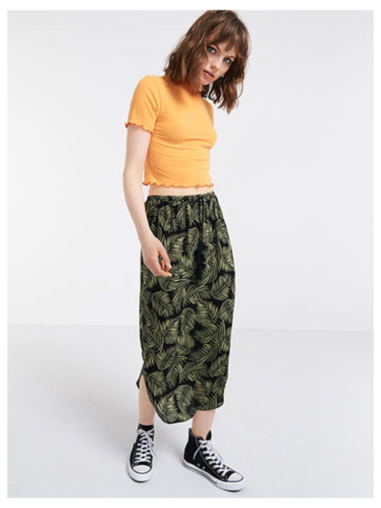 Green Palm Print Curved Hem Midi Skirt