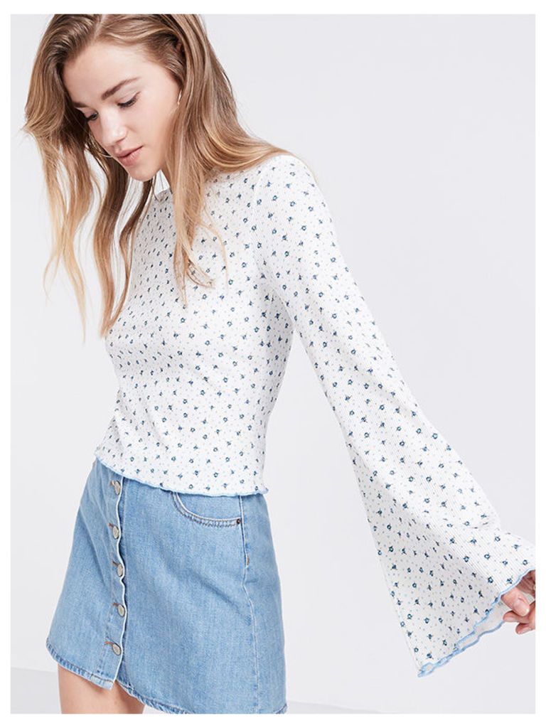 White Ditsy Print Flute Sleeve Top