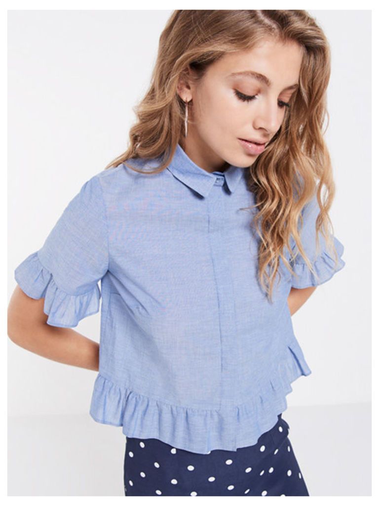 Blue Boxy Cropped Ruffle Short Sleeve Shirt