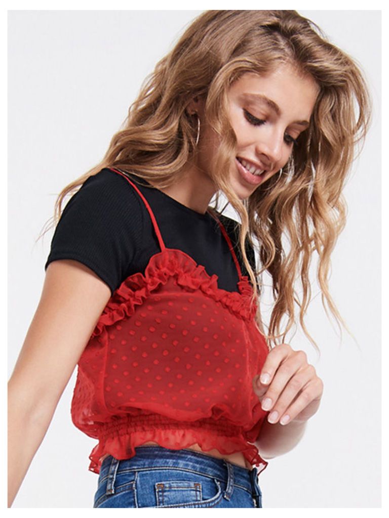 Red Dobby Mesh Spotted Ruffle Cami Crop Top
