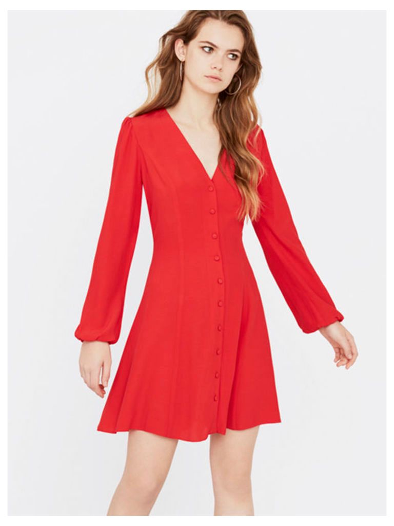 Red Button Through Long Sleeve Dress