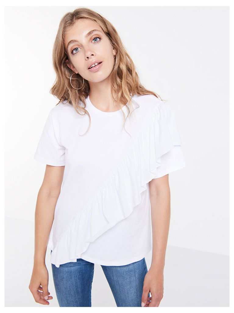 White Asymmetric Ruffle T Shirt