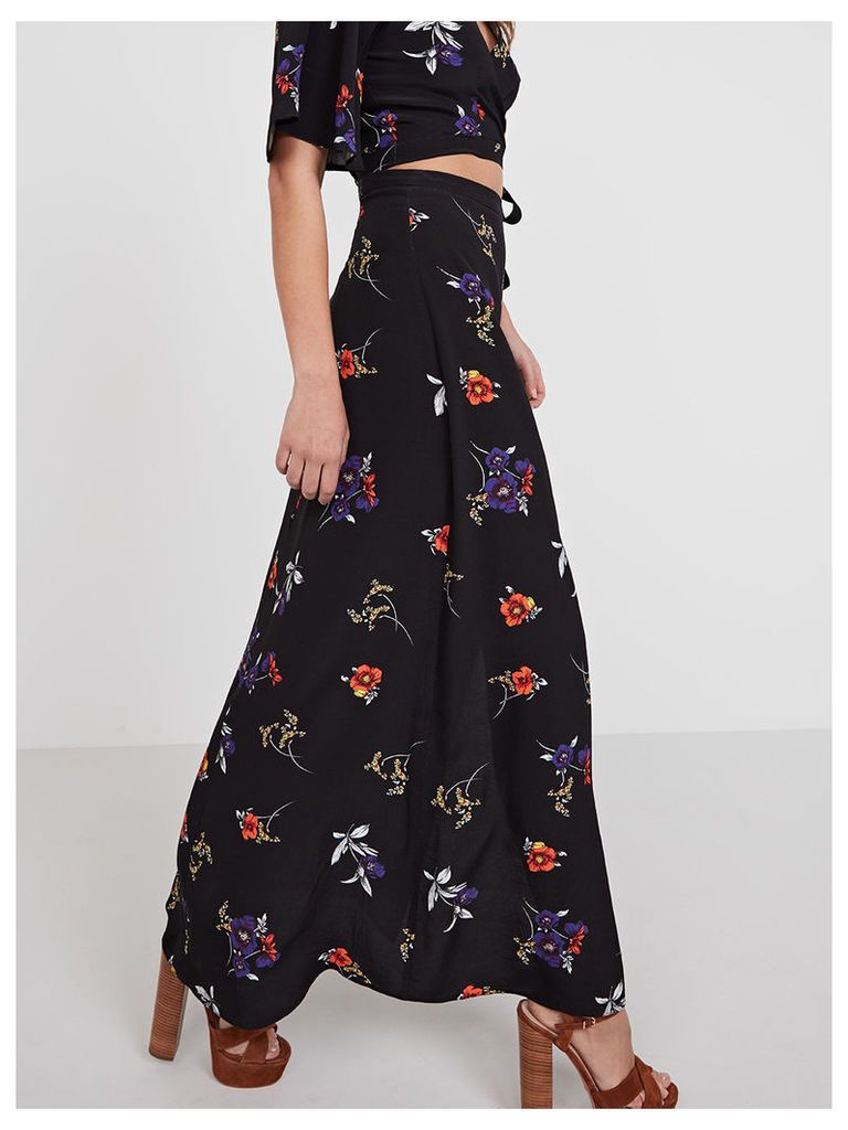 Black Marcella Floral Wrap Maxi Skirt