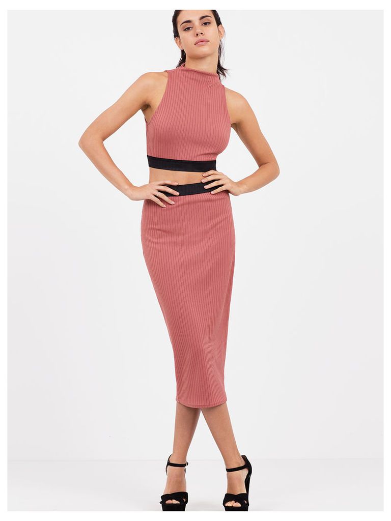 Pink Elastic Waist Midi Skirt