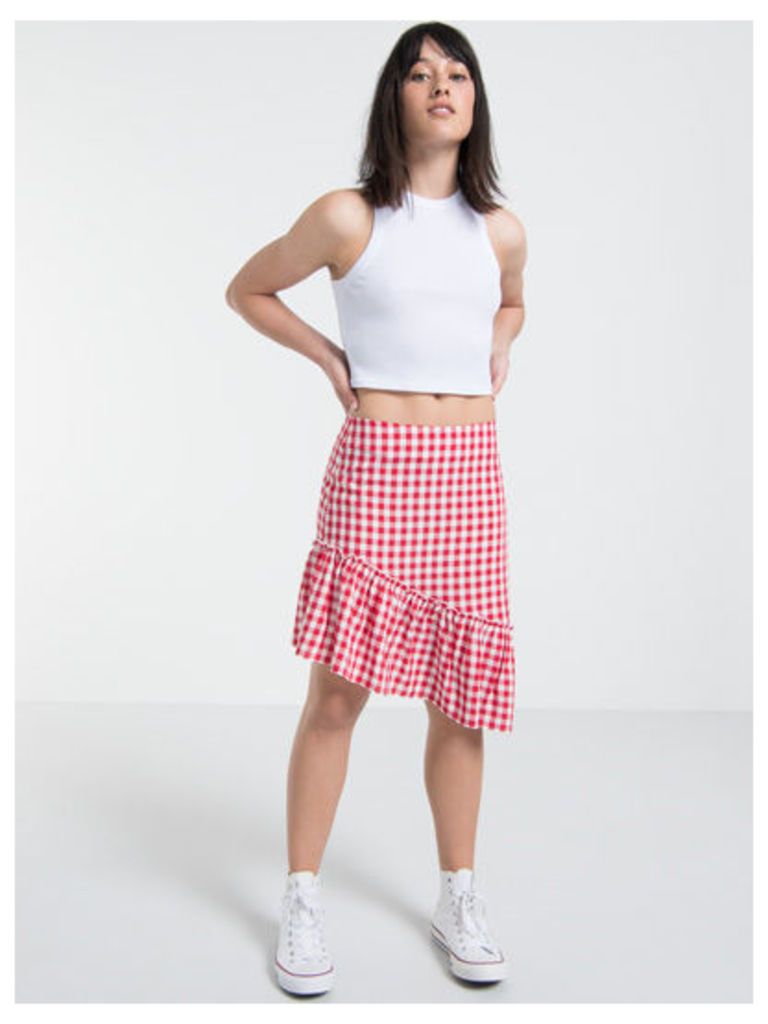 Red & White Gingham Asymmetric Ruffle Skirt