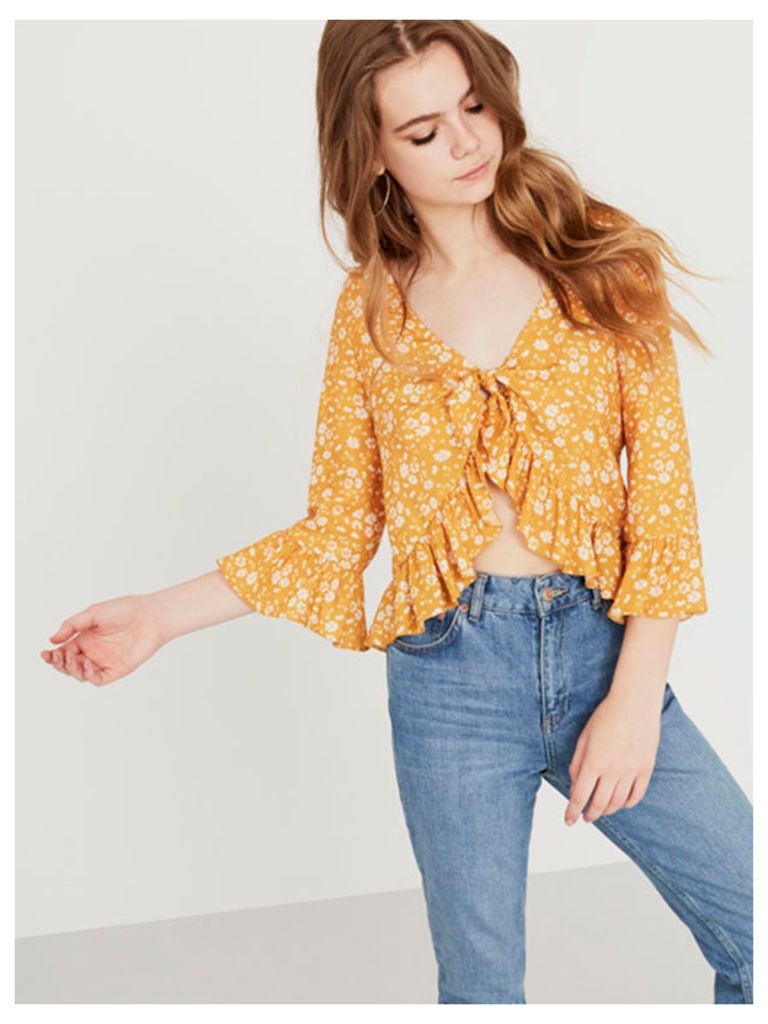 Yellow Mindy Ditsy Tie Front Swing Top