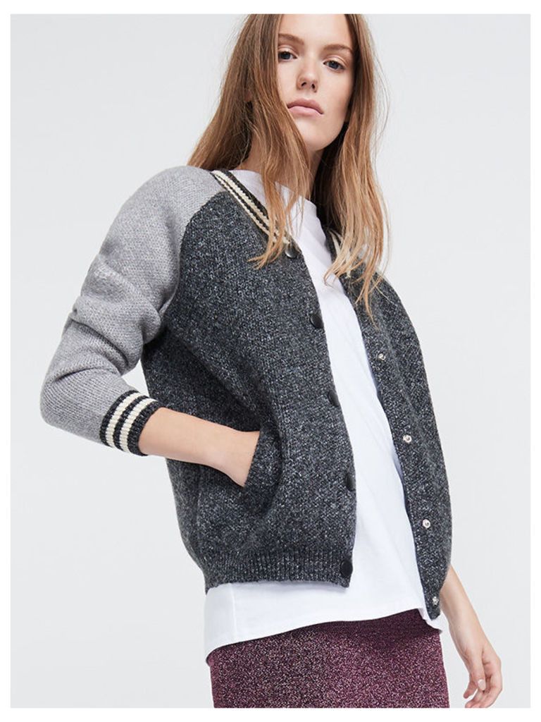 Grey Knitted Contrast Sleeve Varsity Jacket