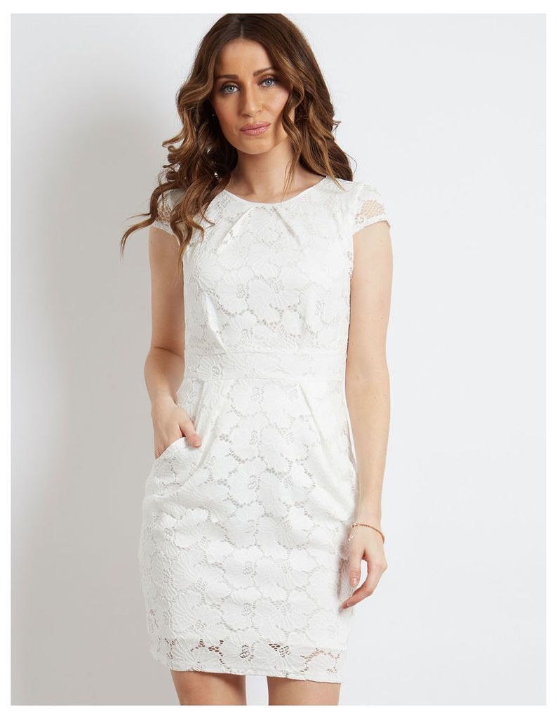 RAMIRA - Floral Lace Tie Back Pleated Dress Ivory