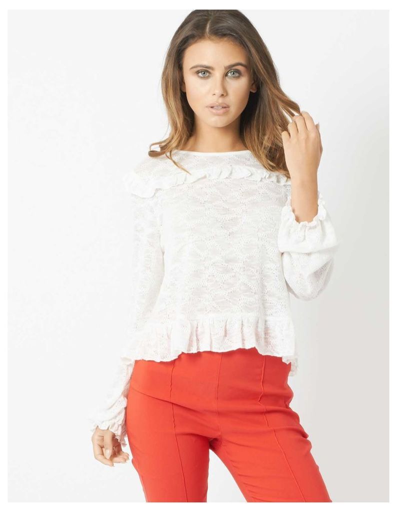 ROANNA - Mixed Fabric Frill Top White