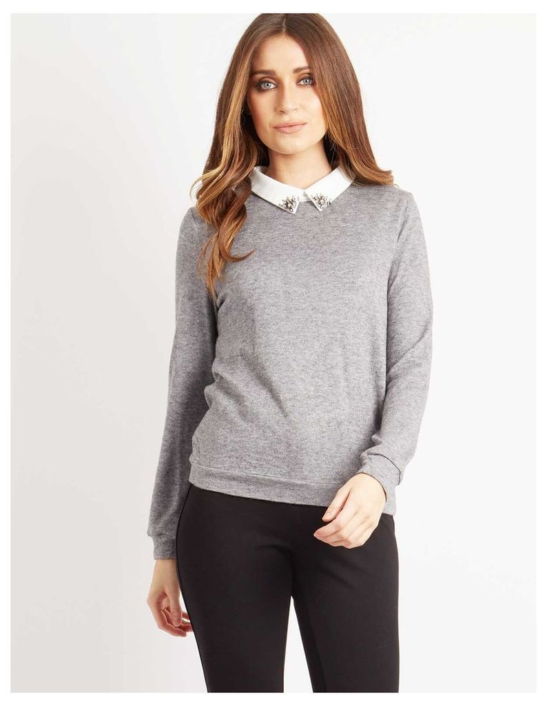PORTIA - Embellished Collar 2 In 1 Sweater Grey