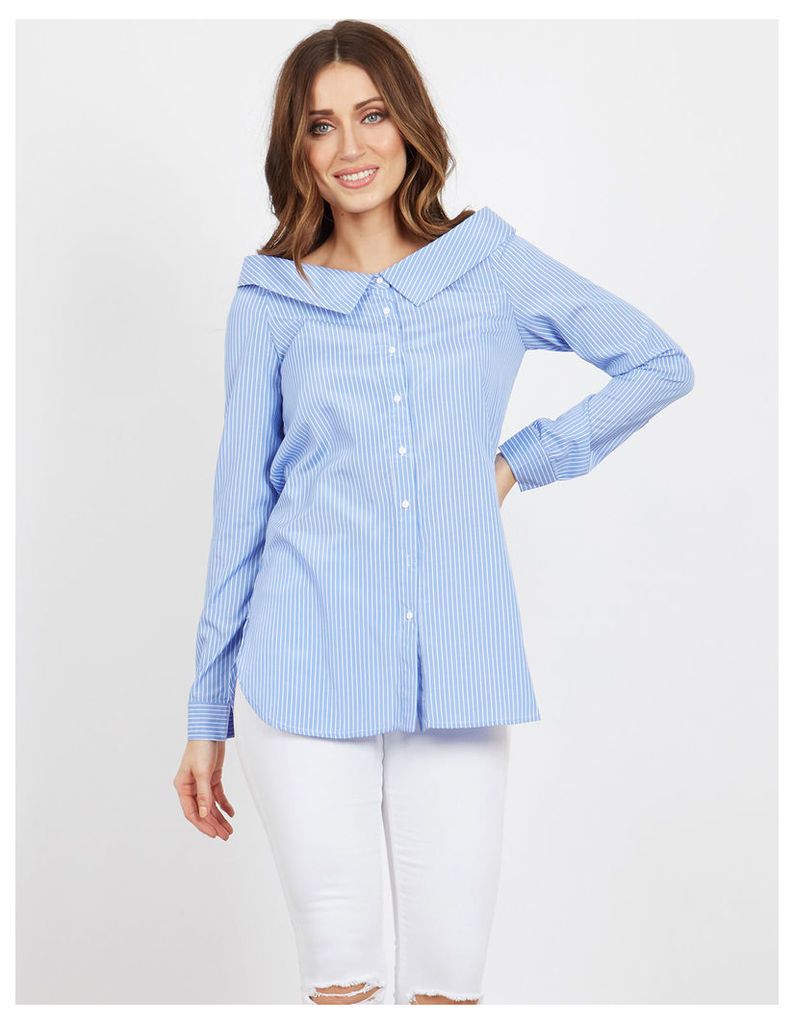 CHENEL - Pinstripe Bardot Button Shirt