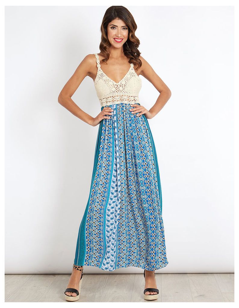 ANITA - Crochet & Print Mix Maxi Turquoise Dress
