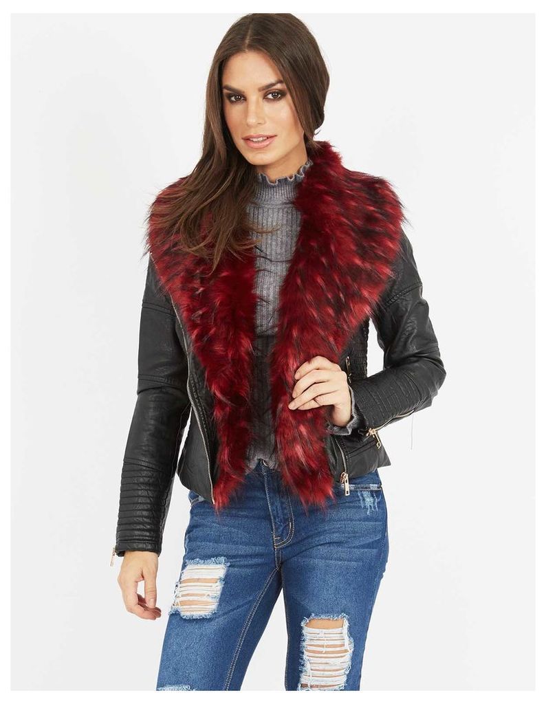 TELLER - Leather Look Red Faux Fur Jacket
