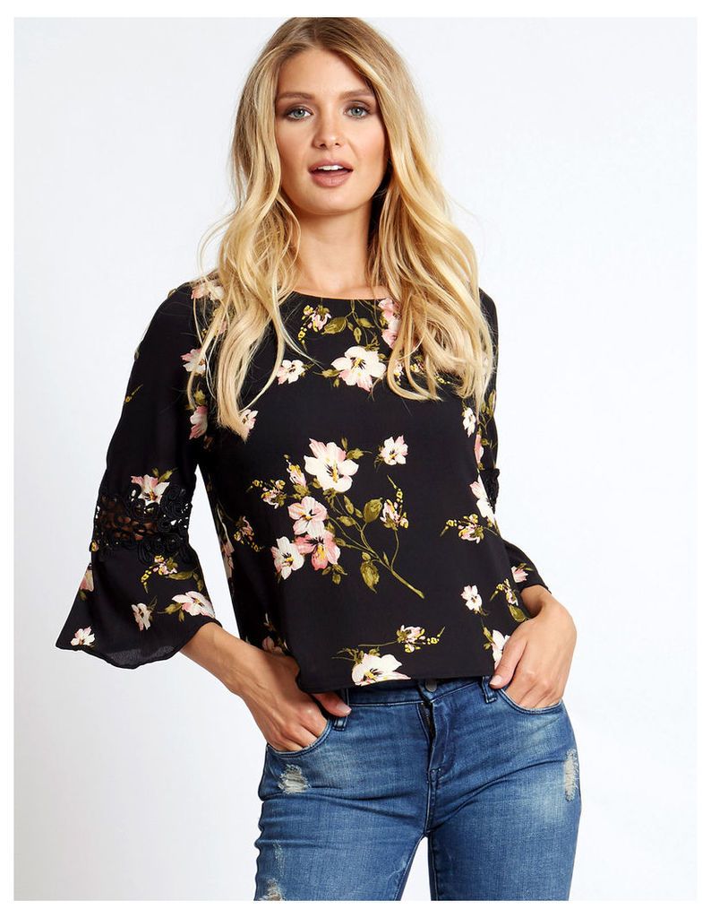 XENIA - Floral Lace Sleeve Detail Black Top