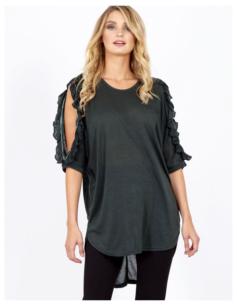 CLARA - Ruffle Zip Cold Shoulder Forest Tunic