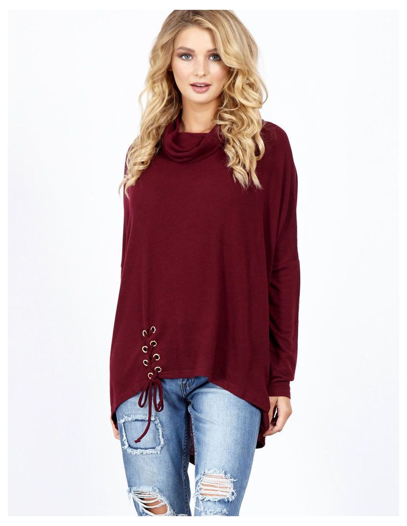 CARINA - Lacing Detail Cowl Neck Oversize Berry Top