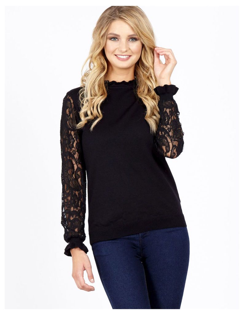 AFRICA - Lace Sleeve Frill Neck Black Knitted Top