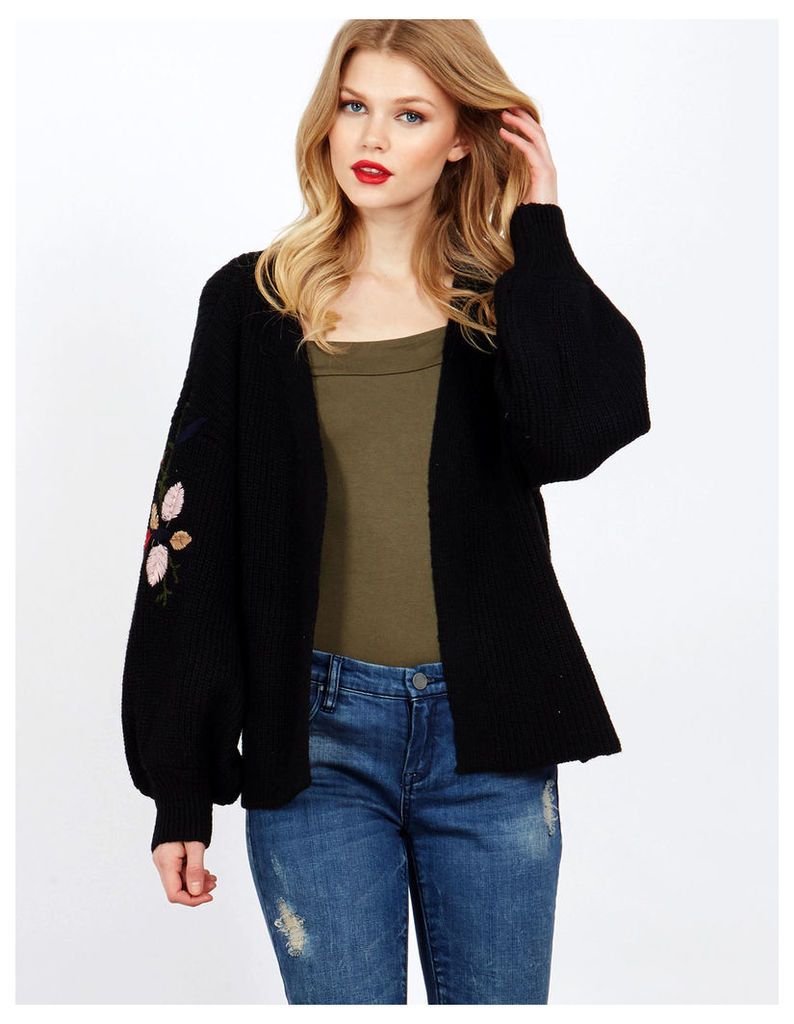 DUNYA - Puffed Sleeves Embroidery Black Cardigan