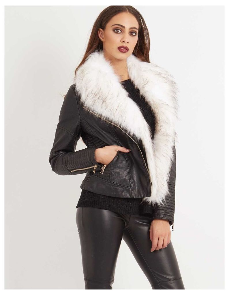 TELLER - Leather Look White Faux Fur Jacket Black